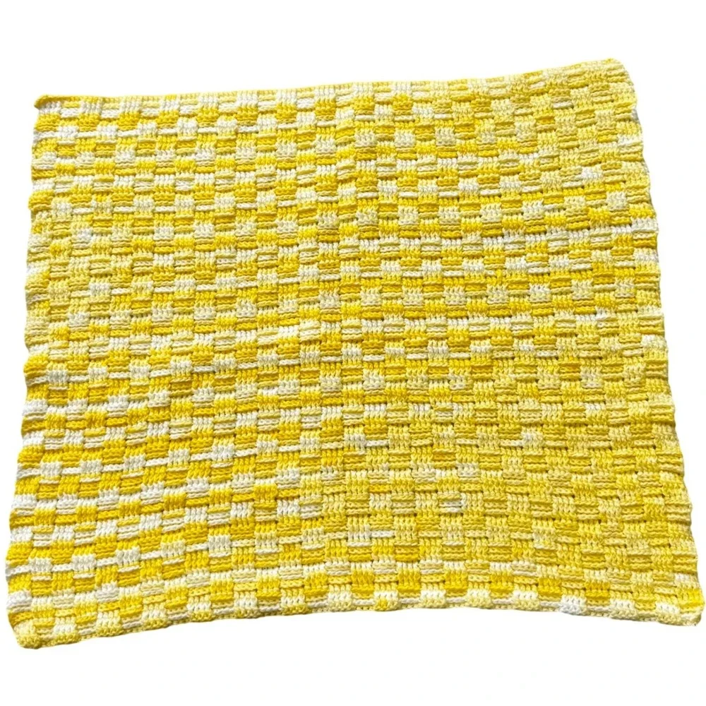 Handmade Crochet Baby Blanket Yellow White Basketweave Stitch Square 25x24